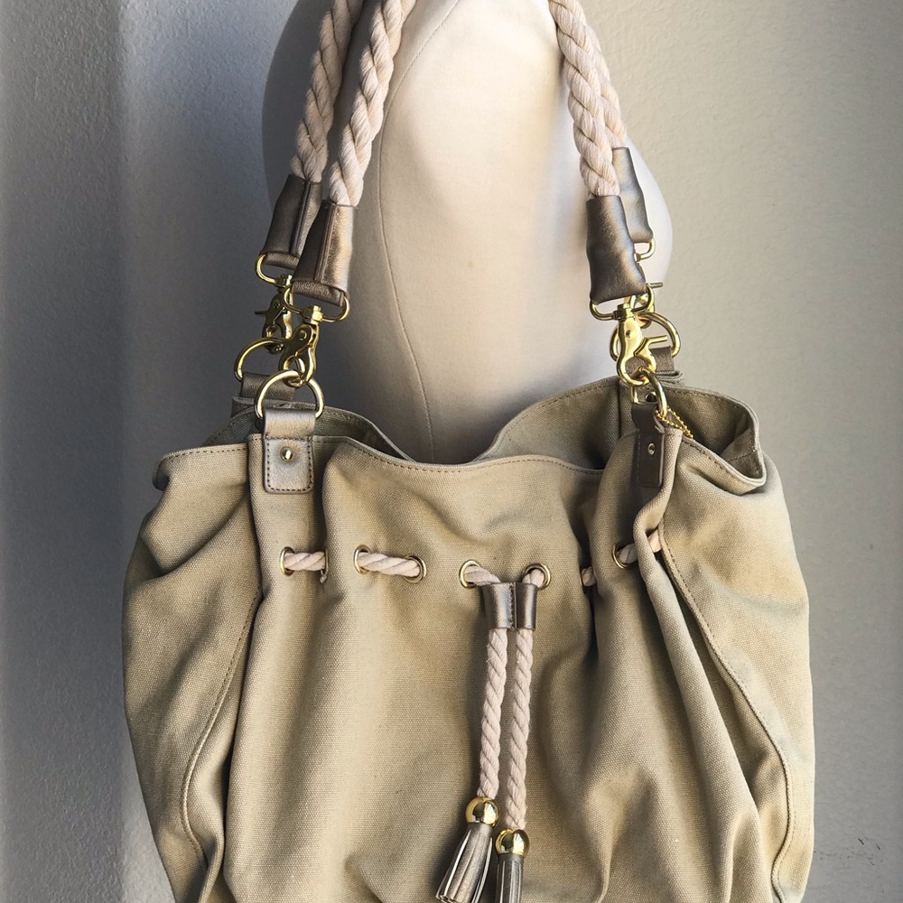 Rare BIG BUDDHA Tan & Gold Hobo Bucket Shoulder Bag Handbag Purse Double Handle